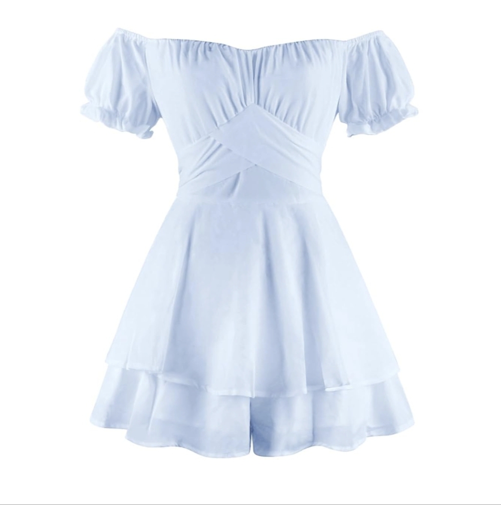 Blue Off The Shoulder Ruffle Romper